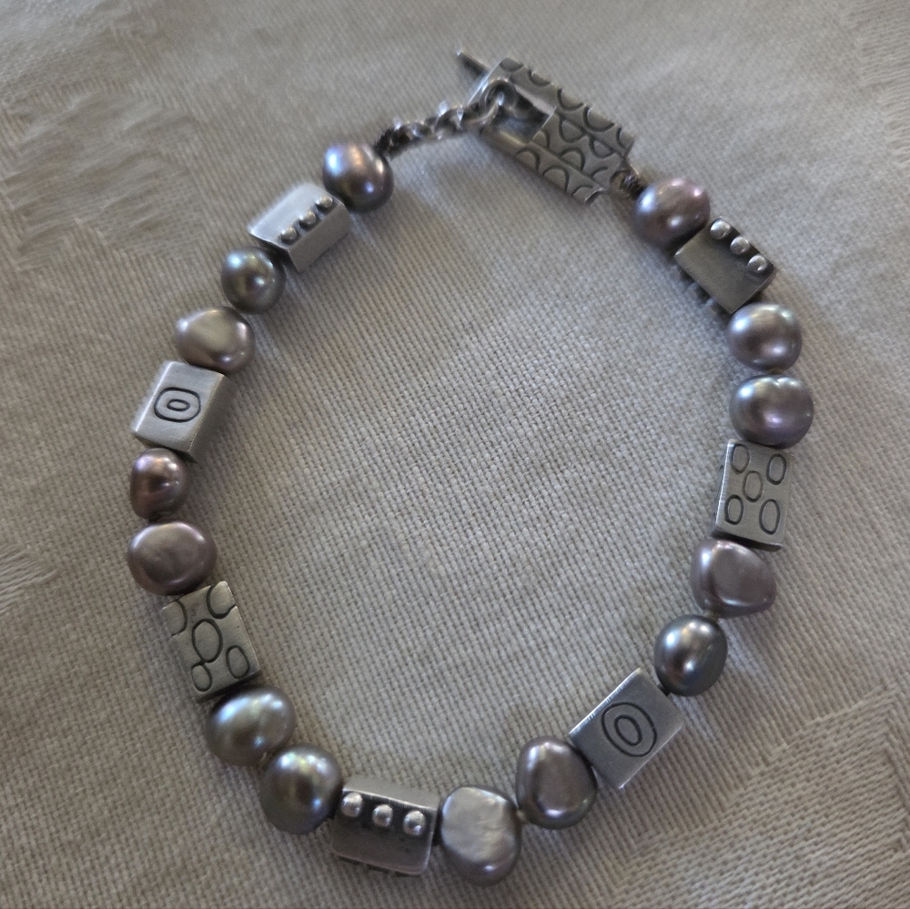 Lisa Jenks Grey Pearl and Sterling Silver Beaded Toggle Bracelet